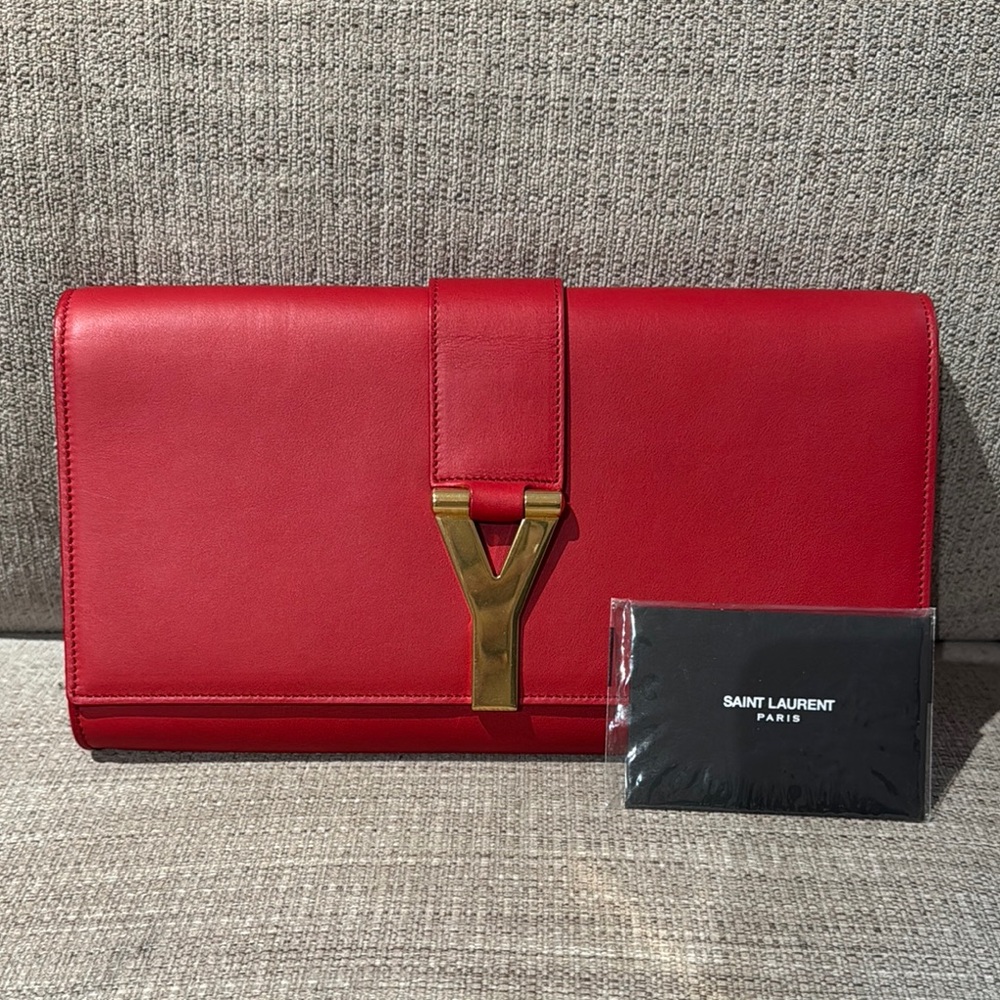 Saint Laurent Red Leather Clutch with Gold Detail